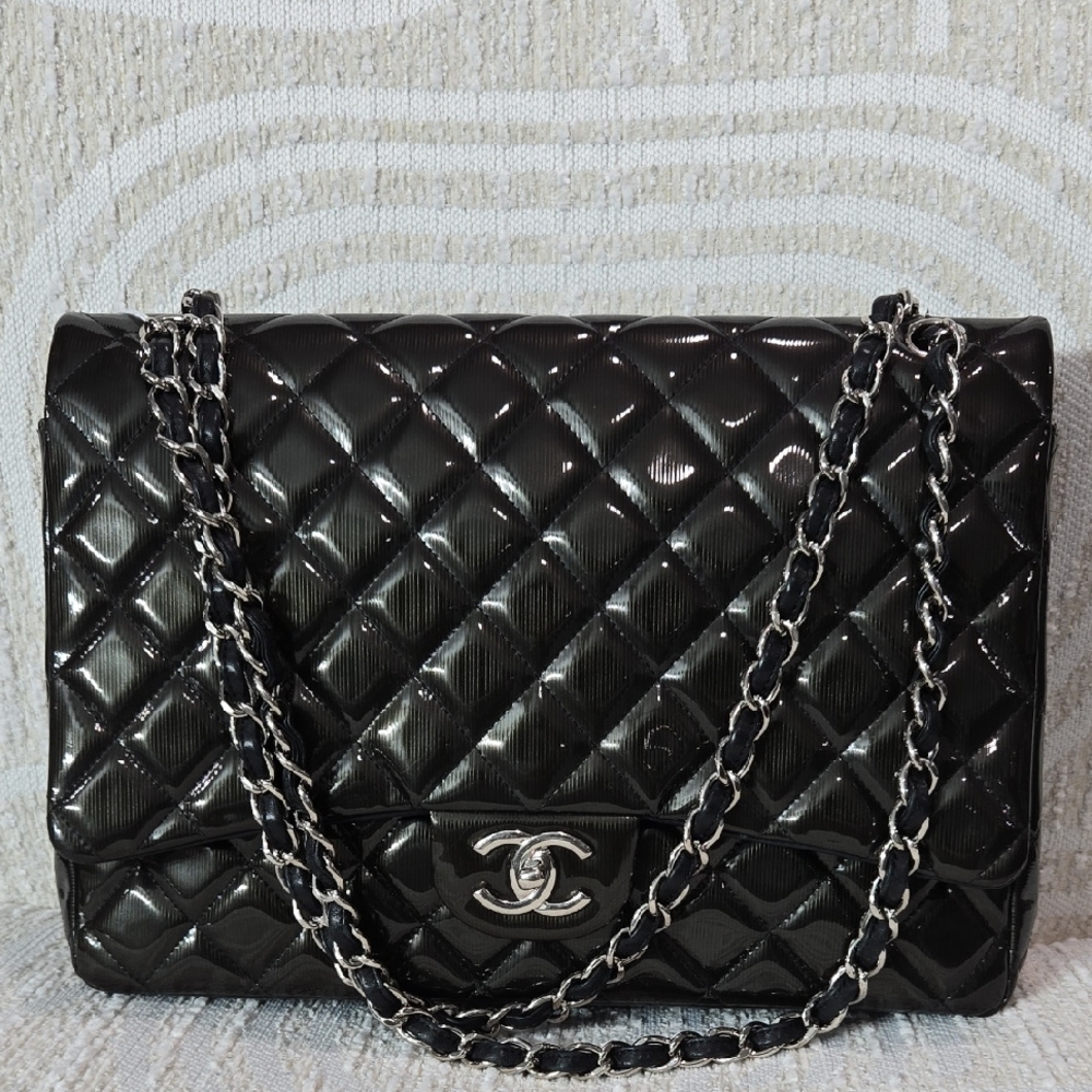 Chanel Maxi Double Flap  Glossy Black Quilted Shoulder Bag
